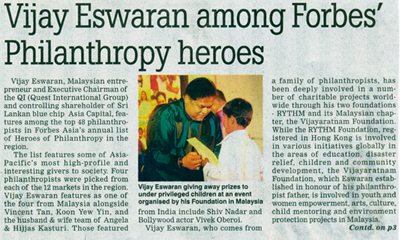 Vijay Eswaran & RYTHM Foundation Featured In Forbes Asia